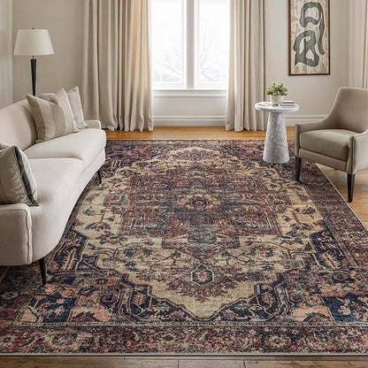 Bloom Rugs Washable 6' x 9' Rug - Beige/Terracotta Traditional Area Rug for Living Room, Bedroom, Dining Room, and Kitchen - Exact Size: 6' x 9'