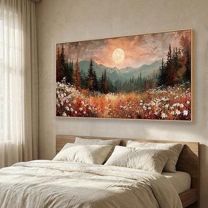 BQVCT Mountain Landscape Wall Art 24x48 Inch Wildflower Meadow Moon Framed Canvas Print Nature Scenery Painting Decor for Living Room Bedroom Office