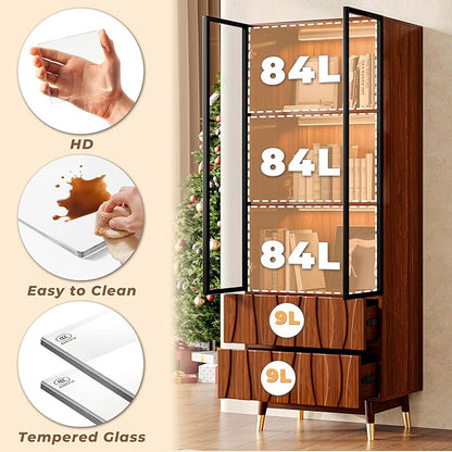 102" Walnut Finish Entertainment Center for 55/65/75 inch TV, Included 78.7'' TV Stand, Glass Display Cabinet and Coffee Table, 3-Piece Brown Mid Century Modern Wood Media Console for Living Room