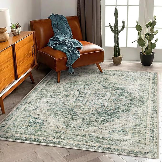 CHAMPLANT Washable Area Rug 3'x5' Vintage Traditional Floor Cover Foldable Thin Rugs Retro Kitchen Indoor Distressed Non Slip Carpet Floral Print Mat Bedroom Living Room