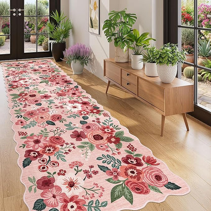 DUKINO 3x10 Washable Runner Rug, Non Slip Floral Ultra Soft Runner for Hallway, Lightweight Low Pile & Stain Resistant Long Throw Carpet for Kitchen, Bathroom, Entrance, Bedroom, Kids Room, Pink