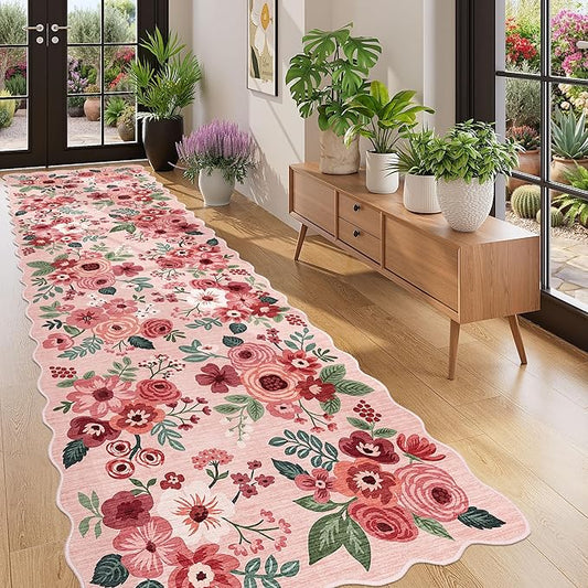 DUKINO 3x10 Washable Runner Rug, Non Slip Floral Ultra Soft Runner for Hallway, Lightweight Low Pile & Stain Resistant Long Throw Carpet for Kitchen, Bathroom, Entrance, Bedroom, Kids Room, Pink