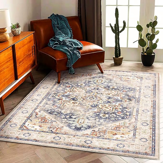 CHAMPLANT 3'x5' Blue Khaki Vintage Washable Thin Area Rug Traditional Floor Cover Foldable Indoor Distressed Non Slip Carpet Floral Print Mat for Bedroom Living Room Bathroom