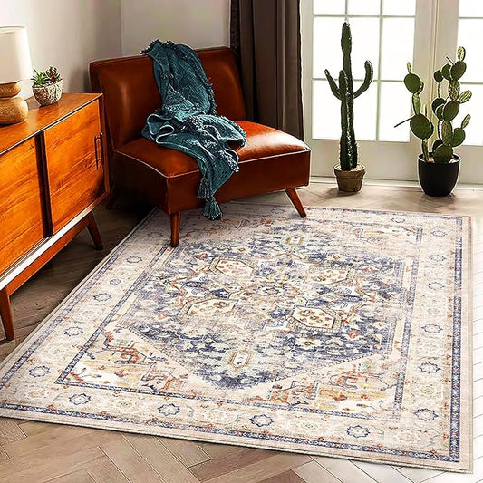 CHAMPLANT 3'x5' Blue Khaki Vintage Washable Thin Area Rug Traditional Floor Cover Foldable Indoor Distressed Non Slip Carpet Floral Print Mat for Bedroom Living Room Bathroom