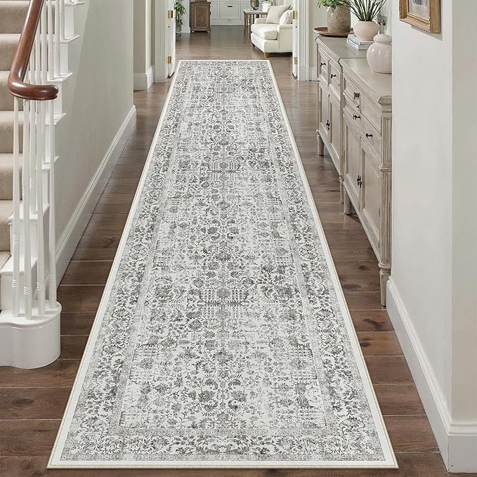 PureCozy Black Runner Rug 2'6"x12' Washable Carpet for Hallway Kitchen Vintage Distressed Non Slip Indoor Retro Floral Bedroom Accent Throw Long Rug Bathroom Office Laundry Dining Living Room