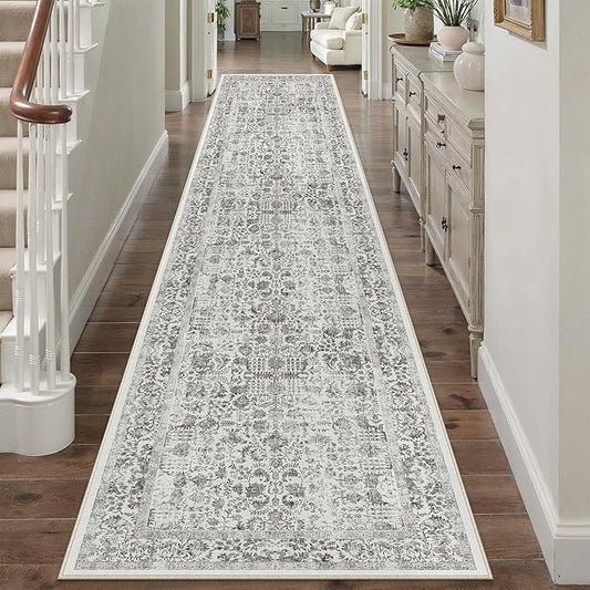 PureCozy Black Runner Rug 2'6"x12' Washable Carpet for Hallway Kitchen Vintage Distressed Non Slip Indoor Retro Floral Bedroom Accent Throw Long Rug Bathroom Office Laundry Dining Living Room