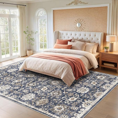 AMADA HOMEFURNISHING 10x14 Washable Area Rug, Low-Profile Large Area Rug with Non-Slip Backing & Durable Edge Binding, Vintage Large Rugs for Living Room, Bedroom & Dining Room