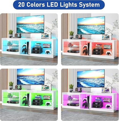 Vinctik 6&Fox LED TV Stands w/Power Outlet,60,00-Colors Lighting for 65 70in TV, 63" Modern High Gloss Entertainment Center,TV Console W/Adjustable Glass Shelves for Living Room Game Bedroom (White)