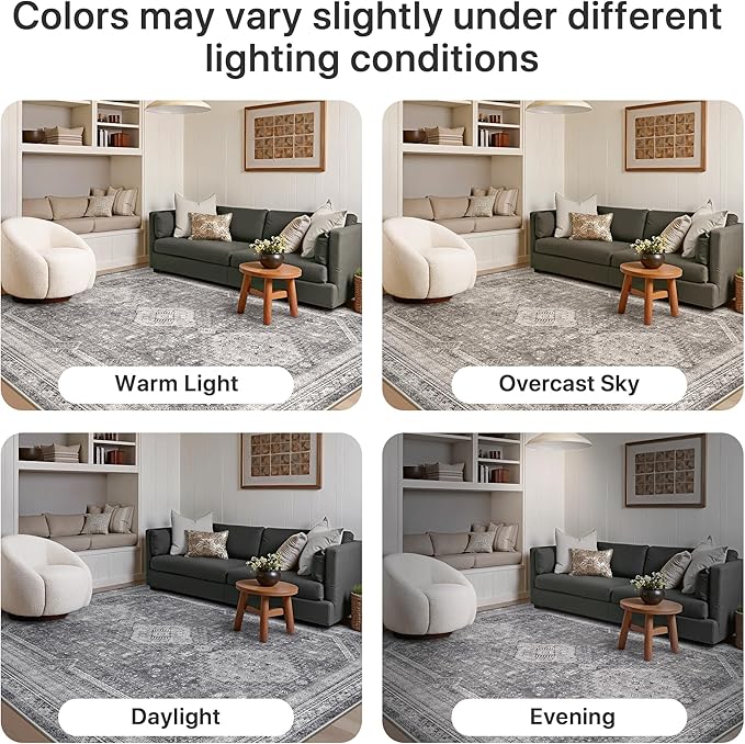 GENIMO 3x5 Area Rugs for Living Room, Machine Washable Non Slip Rugs, Low Pile Lightweight Print Rug for Bedroom, Dining Room, Home Office, Vintage Grey