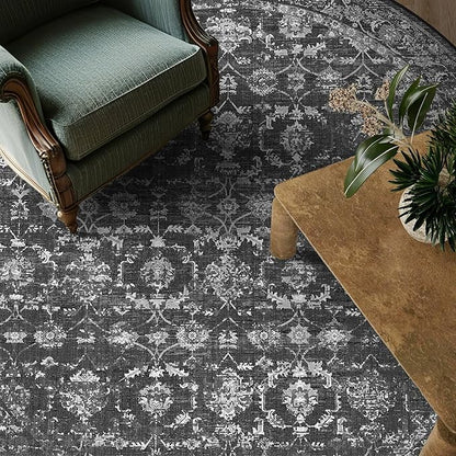 8ft Black Round Washable Area Rug for Living Room Vintage Boho Non Slip Circle 8x8 Large Rug Distressed Floral Carpet Indoor Retro Soft Low Pile Farmhouse Throw Rug for Bedroom Nursery Office