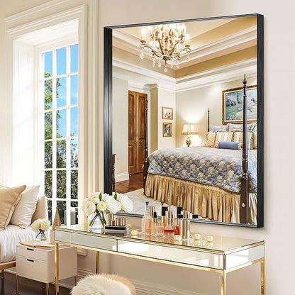 CIRCUMI Black Bathroom Mirror, 40"x48" Rectangular Mirror with Deep Metal Frame, Brushed Finish, Tempered Glass, Large Mirror for Wall, Over 2 Sinks, Installed Vertically/Horizontally, Crystal-Clear
