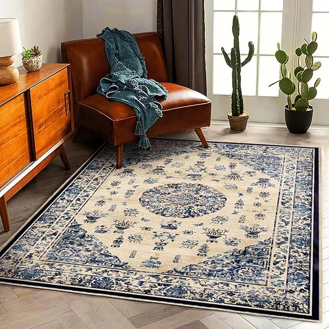 CHAMPLANT Area Rug 6'x9' Washable Vintage Traditional Floor Cover Thin Retro Kitchen Indoor Distressed Non Slip Carpet for Living Room Bedroom Dining Room