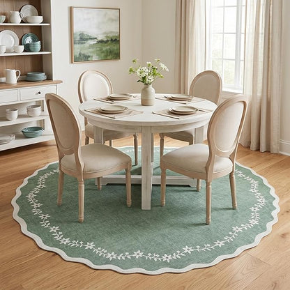 GarveeHome Round Area Rugs 4ft for Kids Room, Sage Green Scalloped Washable Circle Rug Soft Non Slip Floral Print Floor Mat Carpet Indoor Thin Tent Rug for Bedroom Dining Room Playroom Nursery