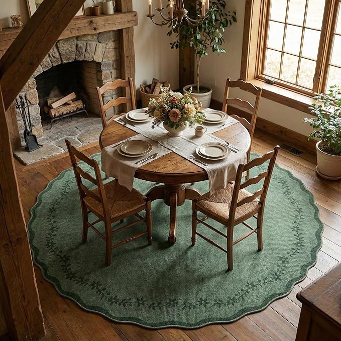 GarveeHome Round Area Rugs 5ft for Bedroom, Solid Dark Green Washable Circle Rug Soft Non Slip Floral Print Floor Mat Carpet Indoor Thin Rug for Kids Room Dining Room Playroom Nursery
