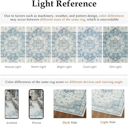 PureCozy Blue Area Rug 5x7 Washable Vintage Carpet for Living Room Office Soft Retro Low Pile Thin Indoor Rug Non Slip Oriental Medallion Floor Cover for Bedroom Dining Room