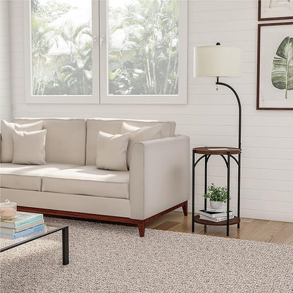 Floor Lamp with End Table - Modern Rustic Side Shelves with USB Charging Port, LED Light Bulb, and Drum-Shaped Shade - Standing Lights by Lavish Home