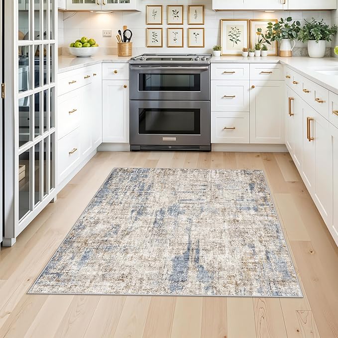 4x4 Square Entryway Rug Washable – Non-Slip Small Area Rug for Kitchen or Bathroom, Soft Low-Pile Indoor Mat, Modern Abstract Thin Door Carpet (Blue Brown)
