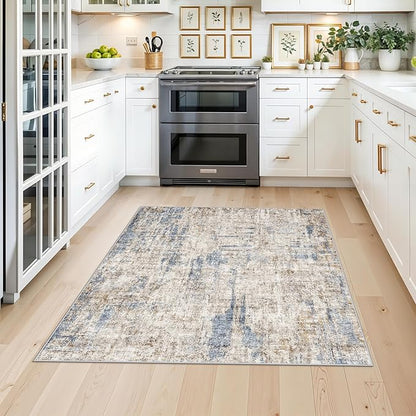 4x4 Square Entryway Rug Washable – Non-Slip Small Area Rug for Kitchen or Bathroom, Soft Low-Pile Indoor Mat, Modern Abstract Thin Door Carpet (Blue Brown)