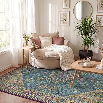 Kokia 6x9 Area Rugs for Living Room, Machine Washable Low Pile Rug, Non Slip Backing Boho Rugs for Bedroom, Printed Soft Vintage Carpet Teal Green Purple 6 x 9