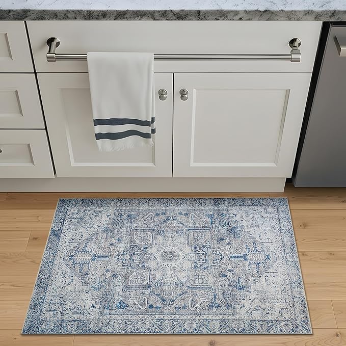 Bloom Rugs Washable Non-Slip 2' x 3' Rug - Blue/Gray Traditional Oriental Area Rug for Living Room, Bedroom, Dining Room, and Kitchen - Exact Size: 2' x 3'