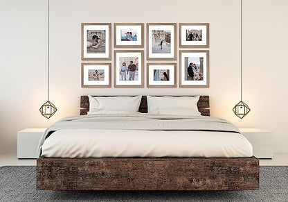 VELISTA 8 Piece Rectangle Gallery Wall Frame Set - Rustic Photo Frame Set with Mat 5x7/8x10 - Picture Frame Set for Wall Collage made of Engineered Wood – Farmhouse Assorted Picture Frames (Walnut)