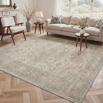 GENIMO 8x10 Area Rugs for Living Room, Machine Washable Non Slip Rugs, Low Pile Lightweight Print Rug for Bedroom, Dining Room, Home Office, Vintage Boho Brown