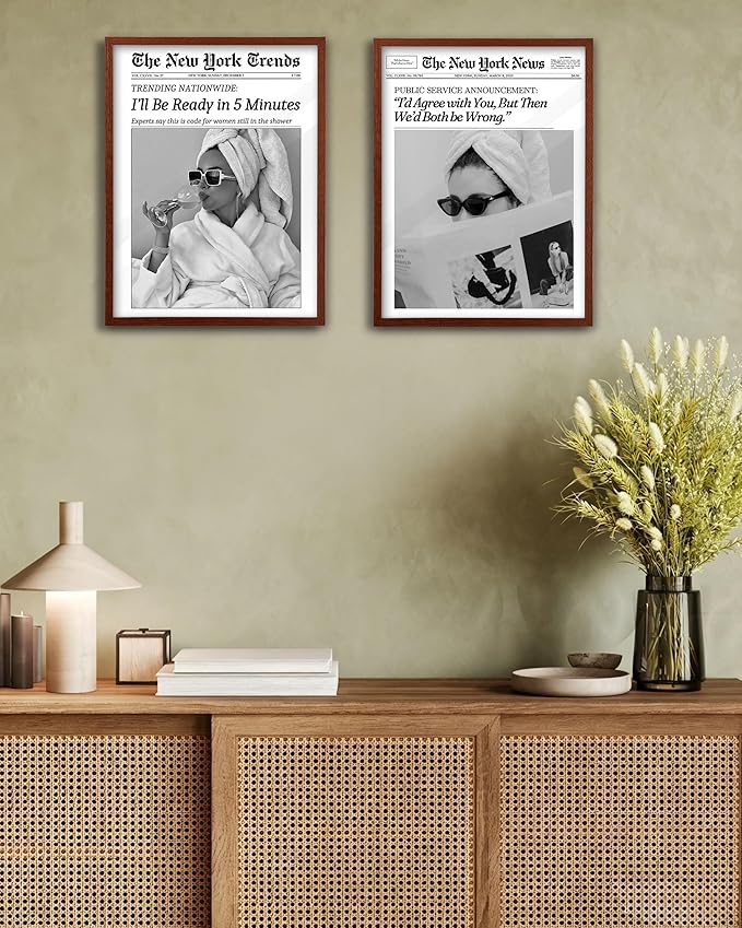 EcoHest 12x16 in Walnut Solid OAK Wood Framed Wall Art, Newspaper I'll Be Ready in 5 Minutes Print, Feminist Makeup Canvas Wall Art Home Decor, Retro Bathroom Decor, Set of 1 For Bedroom Living Room