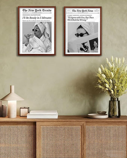 EcoHest 12x16 in Walnut Solid OAK Wood Framed Wall Art, Newspaper I'll Be Ready in 5 Minutes Print, Feminist Makeup Canvas Wall Art Home Decor, Retro Bathroom Decor, Set of 1 For Bedroom Living Room