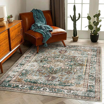 CHAMPLANT Washable Area Rug 5'x7' Green Retro Boho Chic Medallion Distressed Design Living Room Indoor Non-Slip Large Oriental Accent Throw Rugs for Kitchen Bedroom Office Carpet