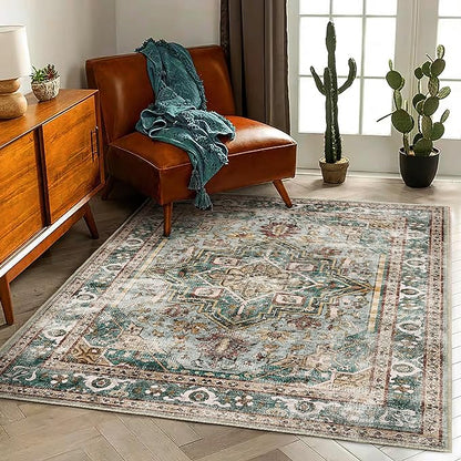 CHAMPLANT 3'x5' Vintage Washable Thin Green Area Rug Tangerine Traditional Floor Cover Foldable Indoor Distressed Non Slip Carpet Floral Print Mat Bedroom Living Room Bathroom