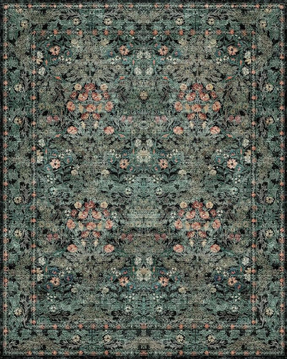 Farmhouse Dark Green Dining Room Rugs for Under Table - 6x9 Washable Cottagecore Distressed Low Pile Non Slip Flora Rug for Living Room, Bedroom, Nursery, Home Office - Soft Boho Moody Accent Mat