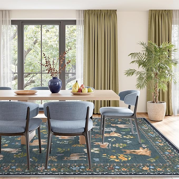 Soalmost Dog 9x12 Area Rugs for Living Room, Machine Washable Animal Floral Vintage Rug Non-Slip Low Pile Soft Throw Large Rugs for Classroom Bedroom Dining Room Nursery Playroom (9 x 12,Navy Blue)