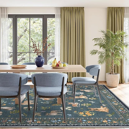Soalmost Dog 9x12 Area Rugs for Living Room, Machine Washable Animal Floral Vintage Rug Non-Slip Low Pile Soft Throw Large Rugs for Classroom Bedroom Dining Room Nursery Playroom (9 x 12,Navy Blue)