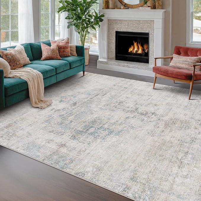 Washable 8x10 Bedroom Rug - Blue Grey Modern Area Rug for Living Room, Dining Room Table, Non Slip Soft Faded Print Carpet, Stain Resistant