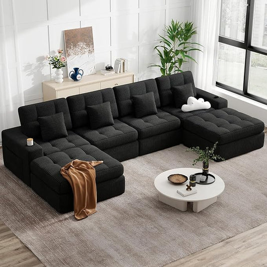 144" U Shaped Cloud Boneless Couch,Modern Modular Sectional Sofa with Layered Cushion,No Assembly Convertible Corduroy Couches for Living Room,Black 1 PCS