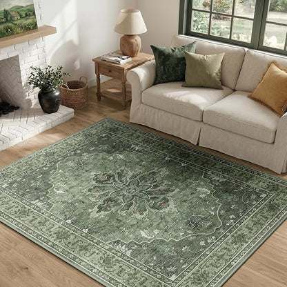RELEANY Area Rugs 4'x5' Washable Non-Slip, Floral Vintage Distress Print Pattern Medallion Carpet for Living Room Bedroom Dining Room, Dark Green Gray