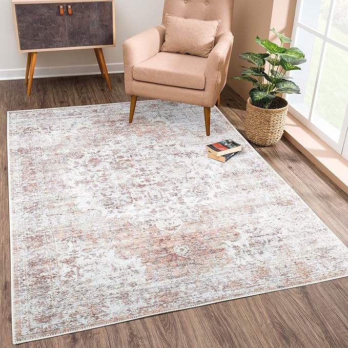 Bloom Rugs Washable Non-Slip 8' x 10' Rug - Ivory/Blush Traditional Area Rug for Living Room, Bedroom, Dining Room, and Kitchen - Exact Size: 8' x 10'