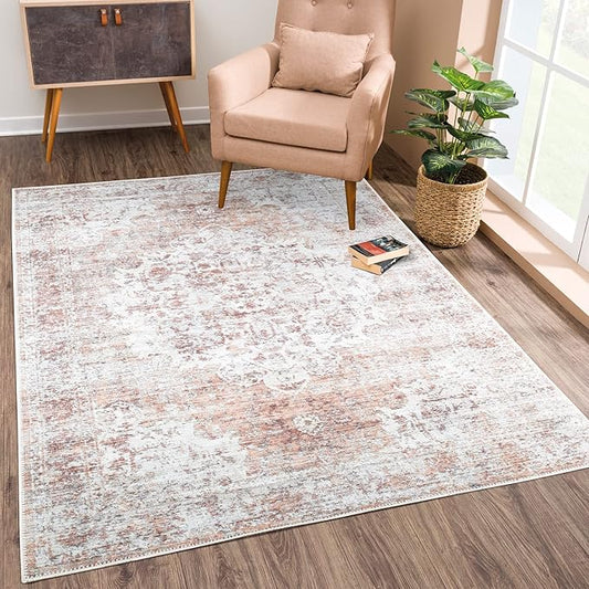 Bloom Rugs Washable Non-Slip 8' x 10' Rug - Ivory/Blush Traditional Area Rug for Living Room, Bedroom, Dining Room, and Kitchen - Exact Size: 8' x 10'
