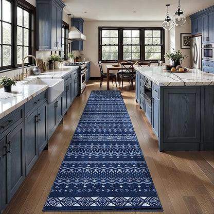 SERISSA Hallway Runner Rug, 2x10 Washable Non-Slip Blue and White Boho Rug, Soft Low-Pile Geometric Indoor Long Carpet for Kitchen Laundry Room Bathroom Bedroom Entryway Stair