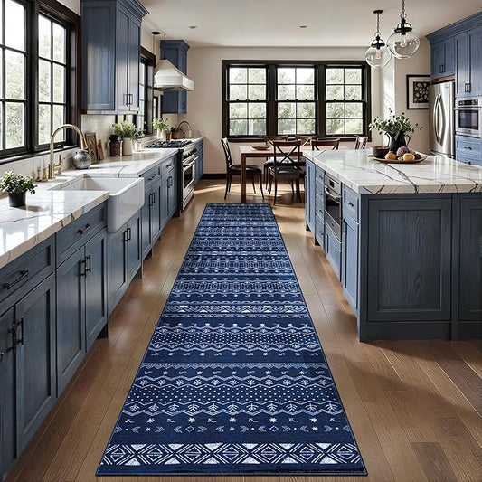 SERISSA Hallway Runner Rug, 2x10 Washable Non-Slip Blue and White Boho Rug, Soft Low-Pile Geometric Indoor Long Carpet for Kitchen Laundry Room Bathroom Bedroom Entryway Stair