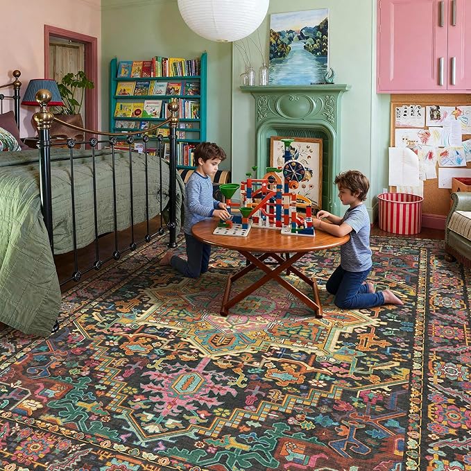Kokia 6x9 Washable Black and Pink Area Rugs with Vintage Orient Design Soft Rug for Living Room or Home Office Non-Slip Low Pile Stain Resistance Features Distressed Medallion Pattern
