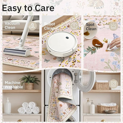 Soalmost Cat 9x12 Pink Area Rugs for Baby Girl Nursery, Washable Animal Floral Vintage Rug Non-Slip Low Pile Soft Throw Rugs for Living Room Dining Room Bedroom Playroom Classroom (9 x 12,Pink)