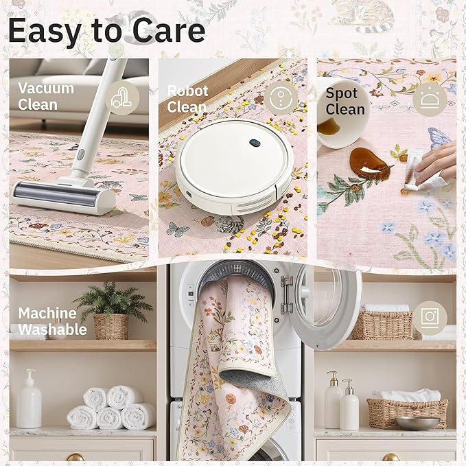 Soalmost Cat 4x6 Area Rugs for Baby Girl Nursery, Machine Washable Animal Floral Accent Rug Non-Slip Low Pile Soft Throw Rugs for Entryway Kitchen Bedside Living Room Bedroom Playroom (4 x 6,Pink)