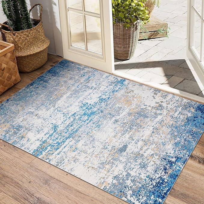 ROYHOME Modern Abstract 2x3 Area Rug Non Slip Non Shedding Low Pile Stain Resistant Rug for Entryway Kitchen Bedroom,Blue/Grey