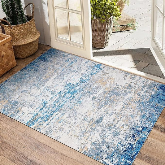 ROYHOME Modern Abstract 2x3 Area Rug Non Slip Non Shedding Low Pile Stain Resistant Rug for Entryway Kitchen Bedroom,Blue/Grey