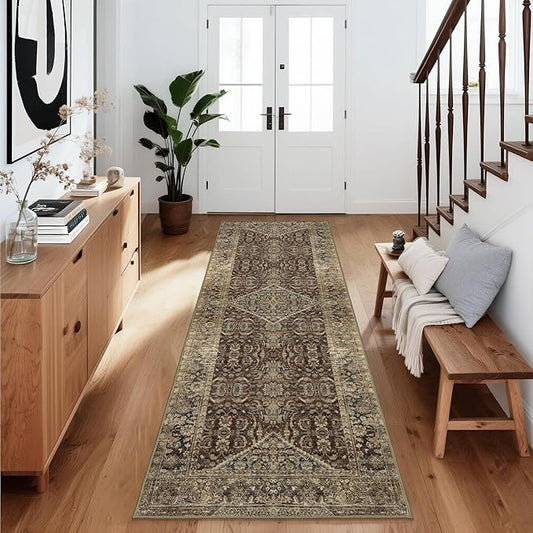 Non-Slip Runner Rugs for Hallway: 2x6 Washable Long Rug for Entryway Kitchen Bathroom Bedroom Indoor - Vintage Home Decor Mat Carpet - Oriental Dark Brown