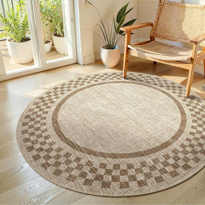 4ft Washable Round Rug for Entryway Modern Checkered Bedroom Circle Rug Non Slip Soft Dining Room Round Throw Carpet Small Stain Resistant Border Round Rugs for Living Room Kitchen Bathroom, Taupe