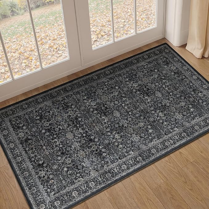 Dark 2x4 Entryway Rug, Vintage Door Mat Indoor Entrance Entry Way, Washable Non Slip Low Pile Thin Small Runner Rug for Kitchen Floor Sink Area Bathroom Bedside, Earth Tone Muted Midnight