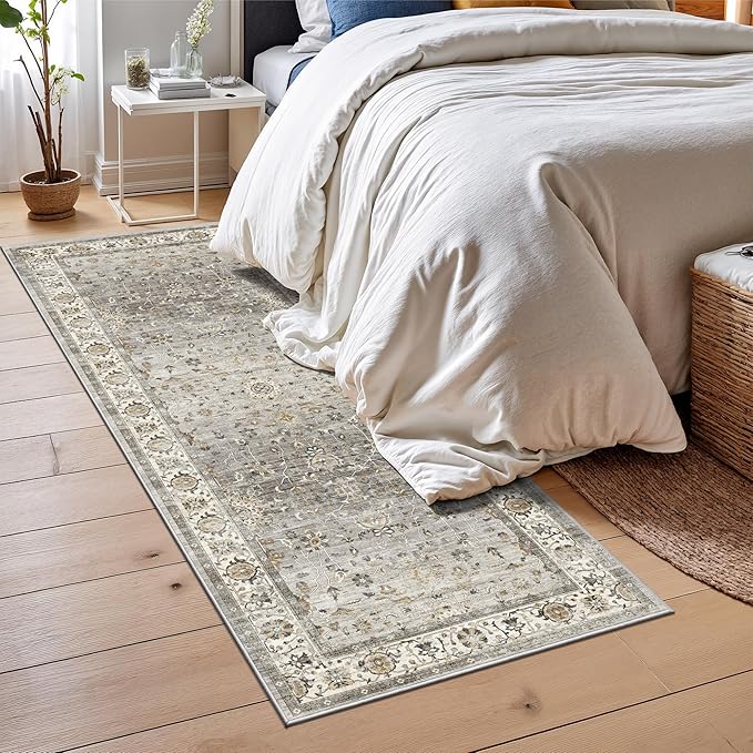 2x6 Washable Hallway Runner Rug - Kitchen Rugs with Non Slip Backing Vintage Soft Farmhouse Entryway Mat for Living Room Laundry Bedroom, Bathroom Ivory/Grey