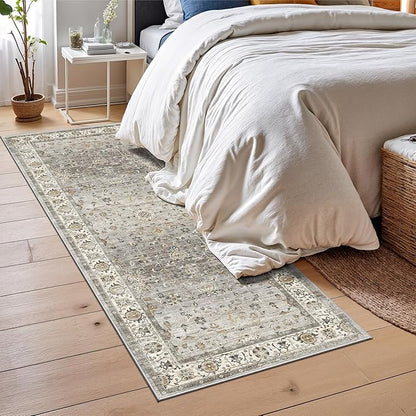 2x6 Washable Hallway Runner Rug - Kitchen Rugs with Non Slip Backing Vintage Soft Farmhouse Entryway Mat for Living Room Laundry Bedroom, Bathroom Ivory/Grey
